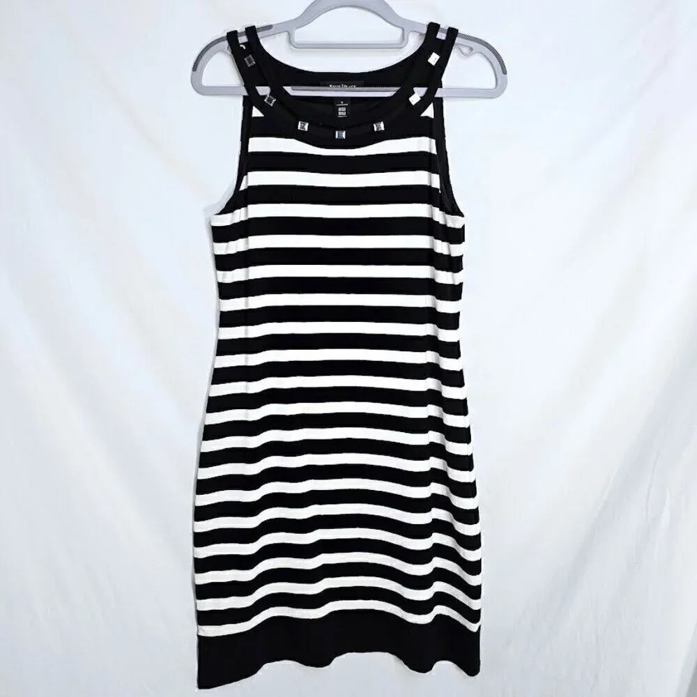 WHITE HOUSE BLACK MARKET Dress BLACK WHITE STRIPE Silver Gems size S 4-6 Summer - Picture 2 of 6